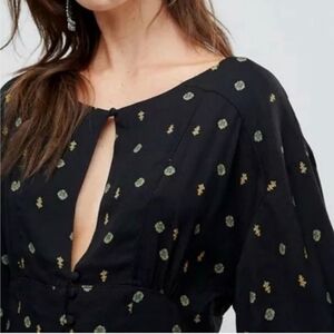 Free People Love Grows  Long Sleeve Black Button Front Romper sz Small